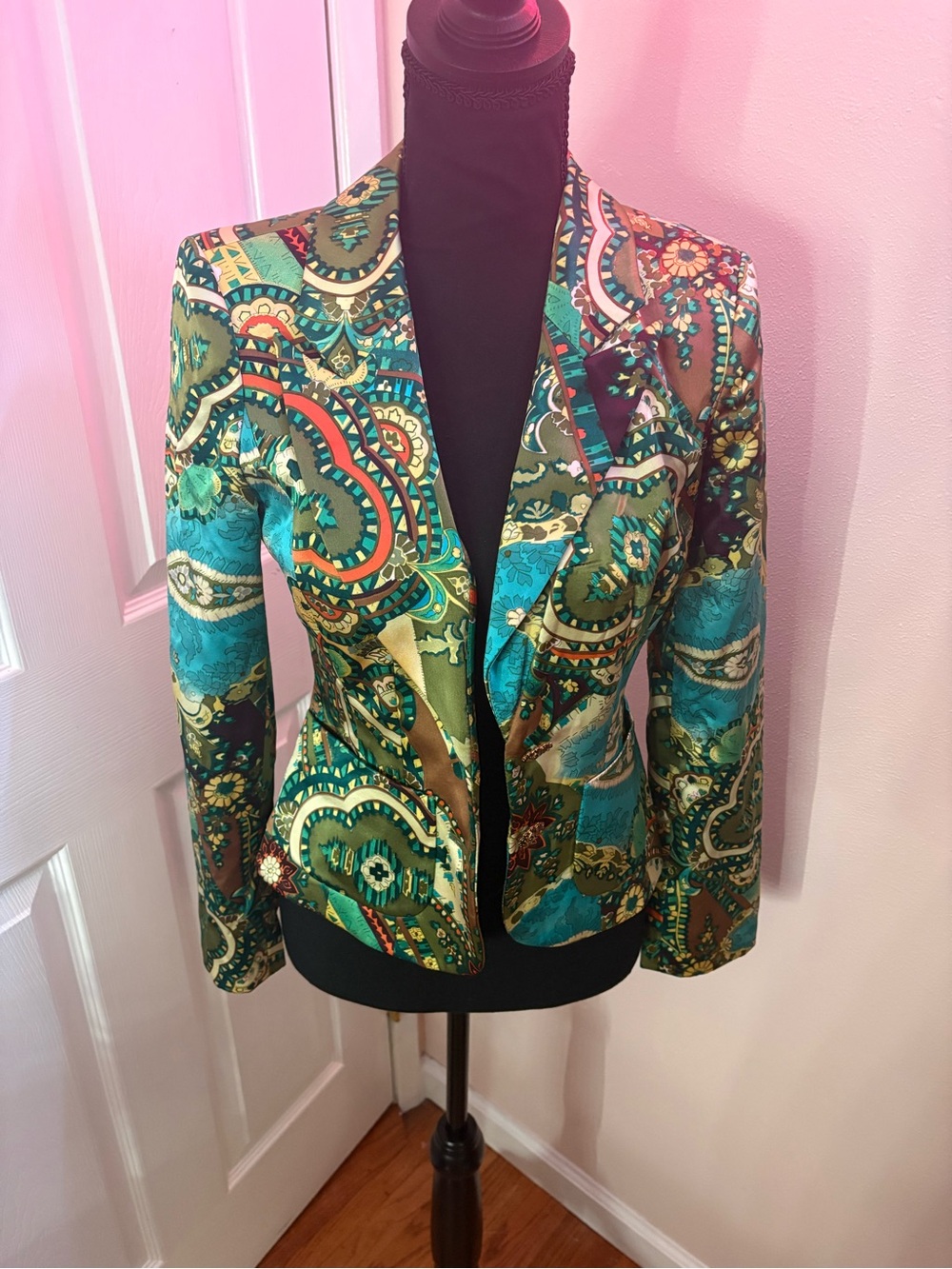 Kay Unger Silk Teal & Green Paisley Blazer